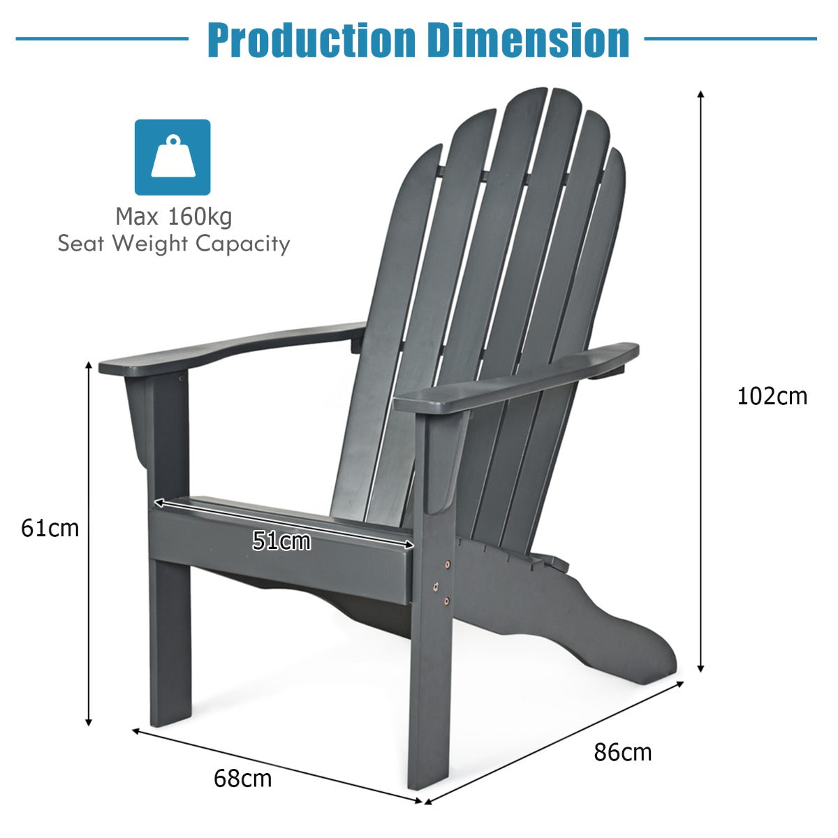 Acacia Wood Adirondack Lounger Chair with Slatted Seating, Ergonomic Design-Grey