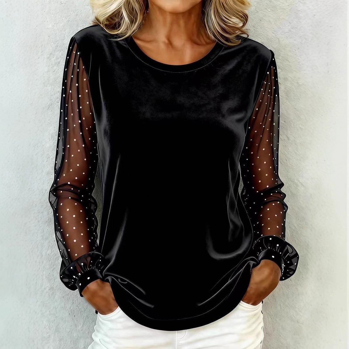 Women's Round-Neck Lace-Panel Long-Sleeve Velvet T-Shirt