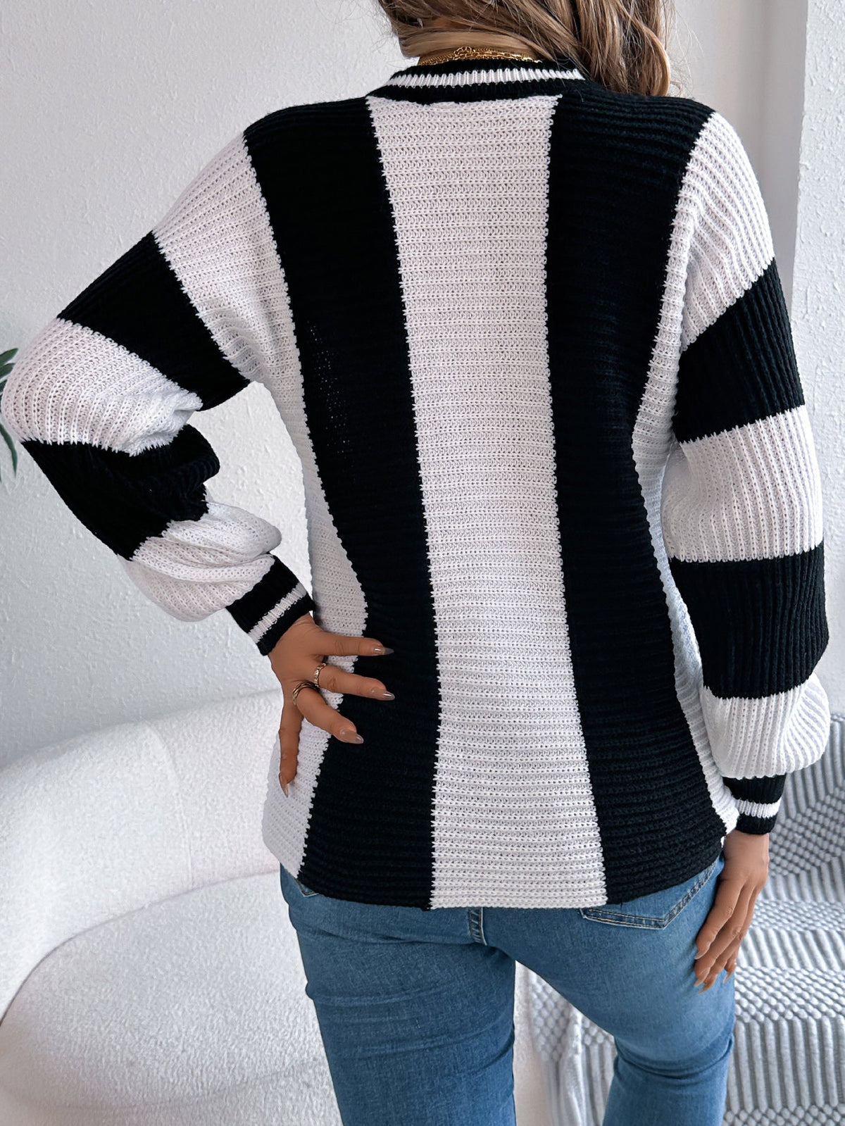 Women Casual Color Block Stripe Lantern Sleeve Pullover Sweater