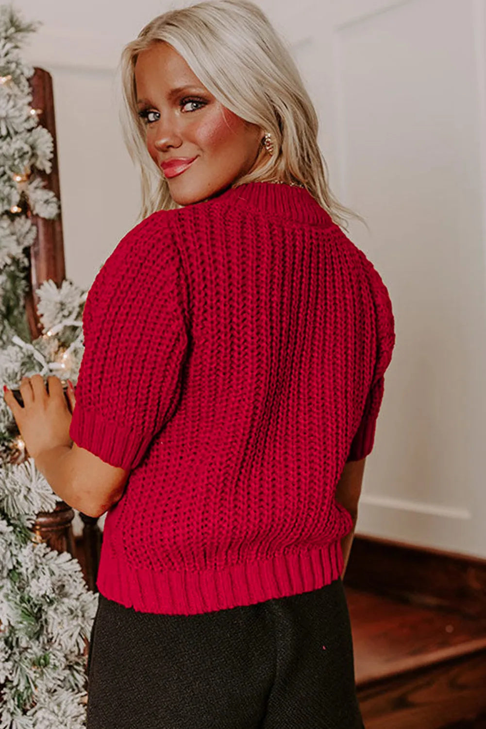 Fiery Red Plaid Lace Up Detail Christmas Holiday Puff Short Sleeve Sweater