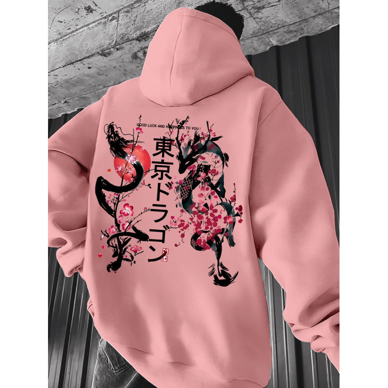 Japanese-style Pattern Hoodie, Light Gray Pullover