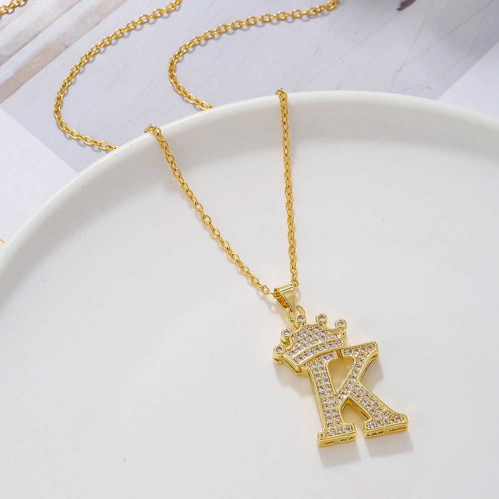 1PCS Fashionable Gold Diamond Crown Uppercase Letter Popular Pendant Necklace Suitable For Daily Use Festivals Parties Gifts Jewelry Set