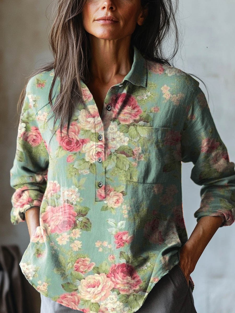 Women's Printed Casual Half Button Lapel Long Sleeve Top