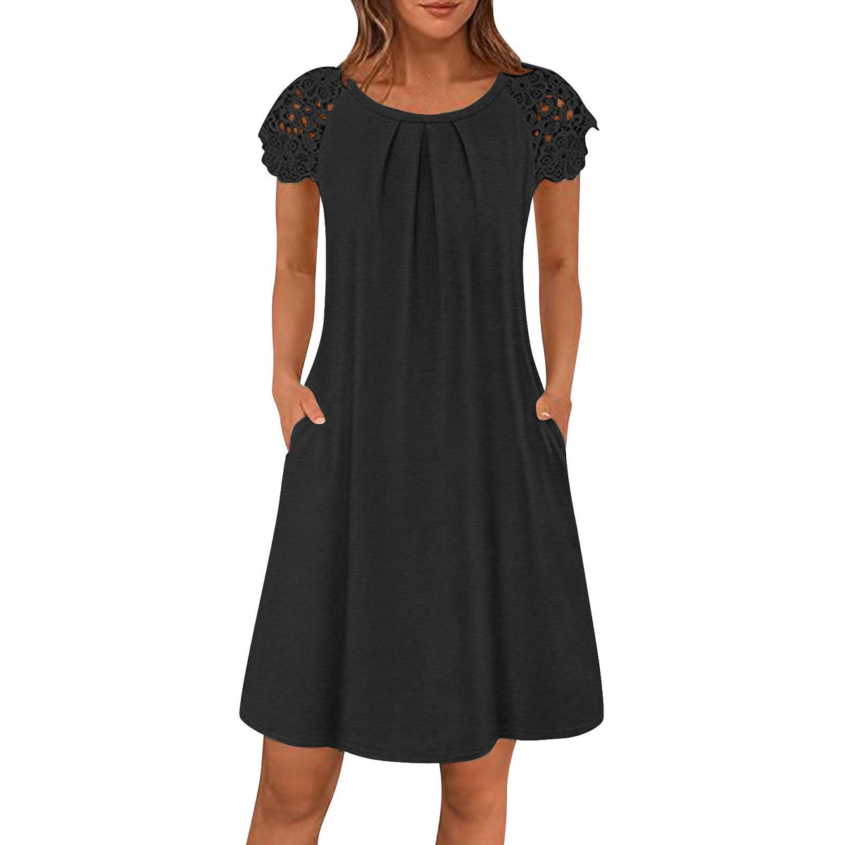 Women's Round Neck Lace Patchwork Pleated Loose Dress