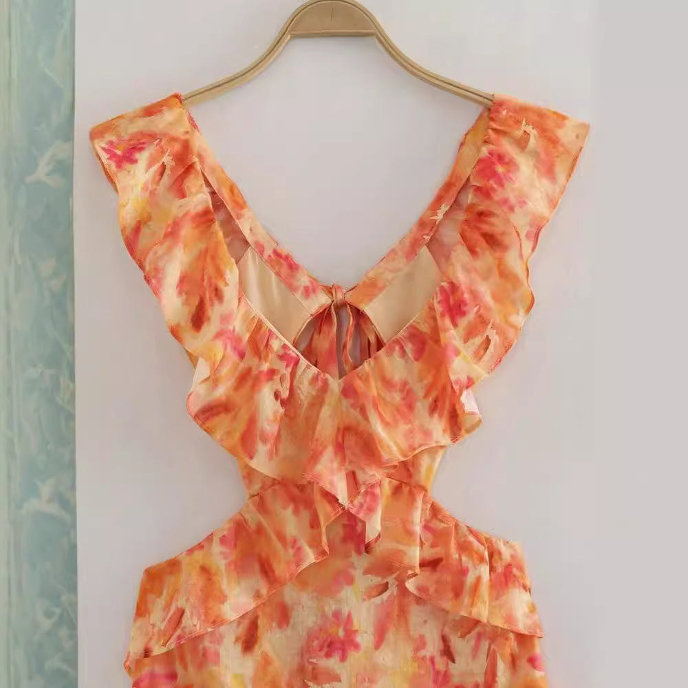 V-neck Flounce Design Backless Print Dress