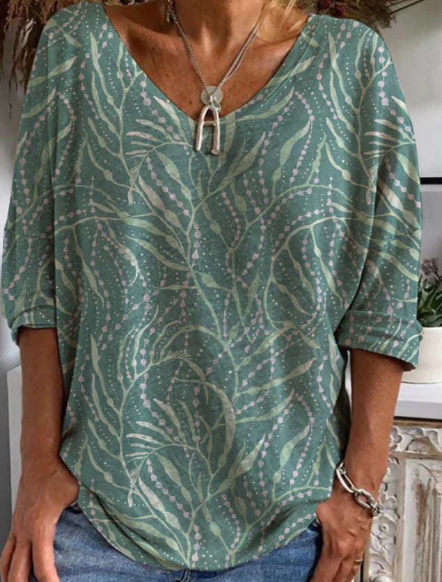 Womens Loose-fitting Geometric-print V-neck Long-sleeve Top