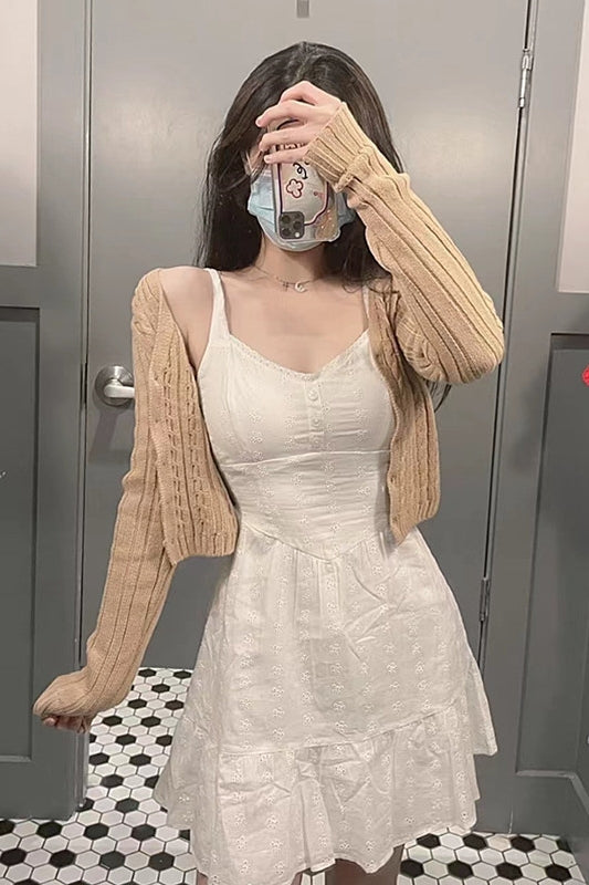 Women's Summer White Fishbone Suspender Dress