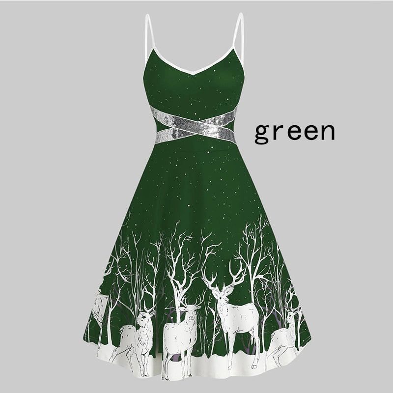 Christmas Women's Fur Patchwork V-neck Long Sleeved Dress
