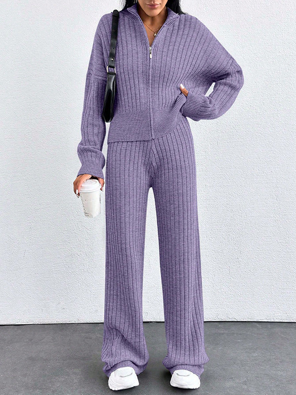 Autumn And Winter New European And American Women's Casual Loose Zip Top And Trousers Two-piece Set
