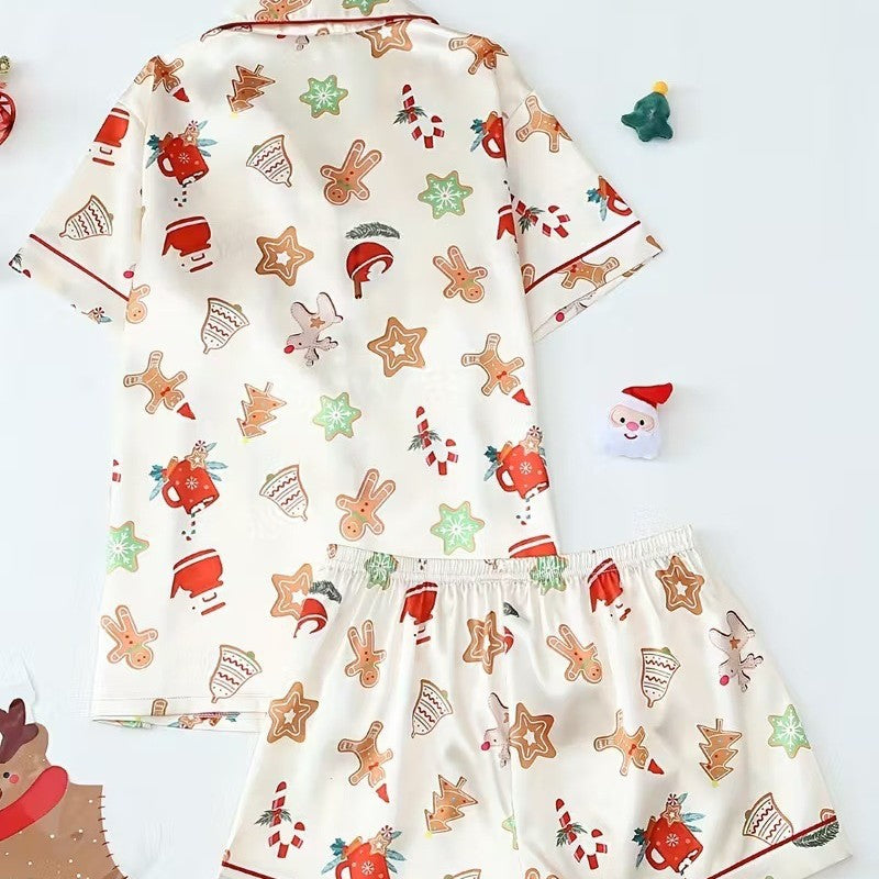 Cute Cartoon Pajama Set With A Turn-down Collar Short Sleeves