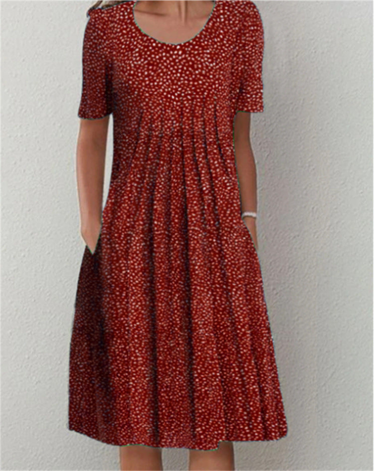 Spring And Summer Polka Dot Printed Round Neck Dress For Women
