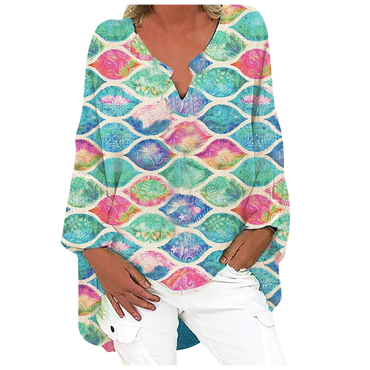 Printed Patchwork V-neck Long Sleeve Plus Size Dress
