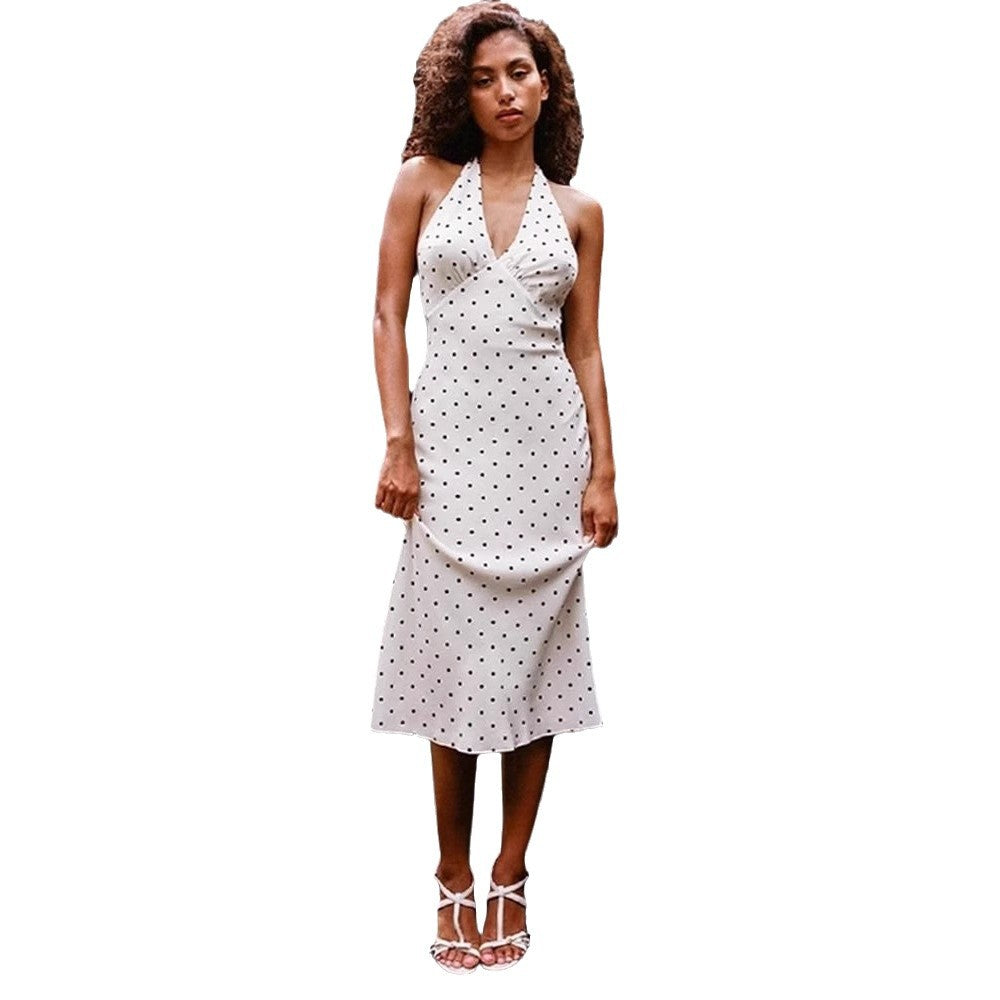 Retro V-neck Halter Slimming Dot Sexy Backless Dress