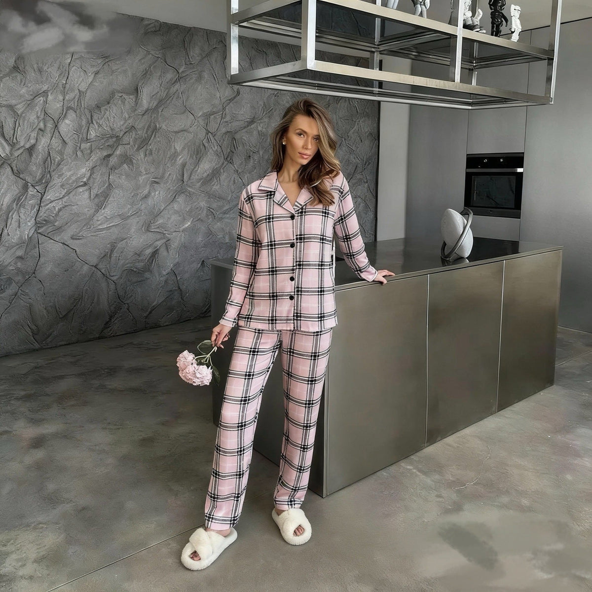 Women's Red Plaid Lapel Pajama Top And Pants Set