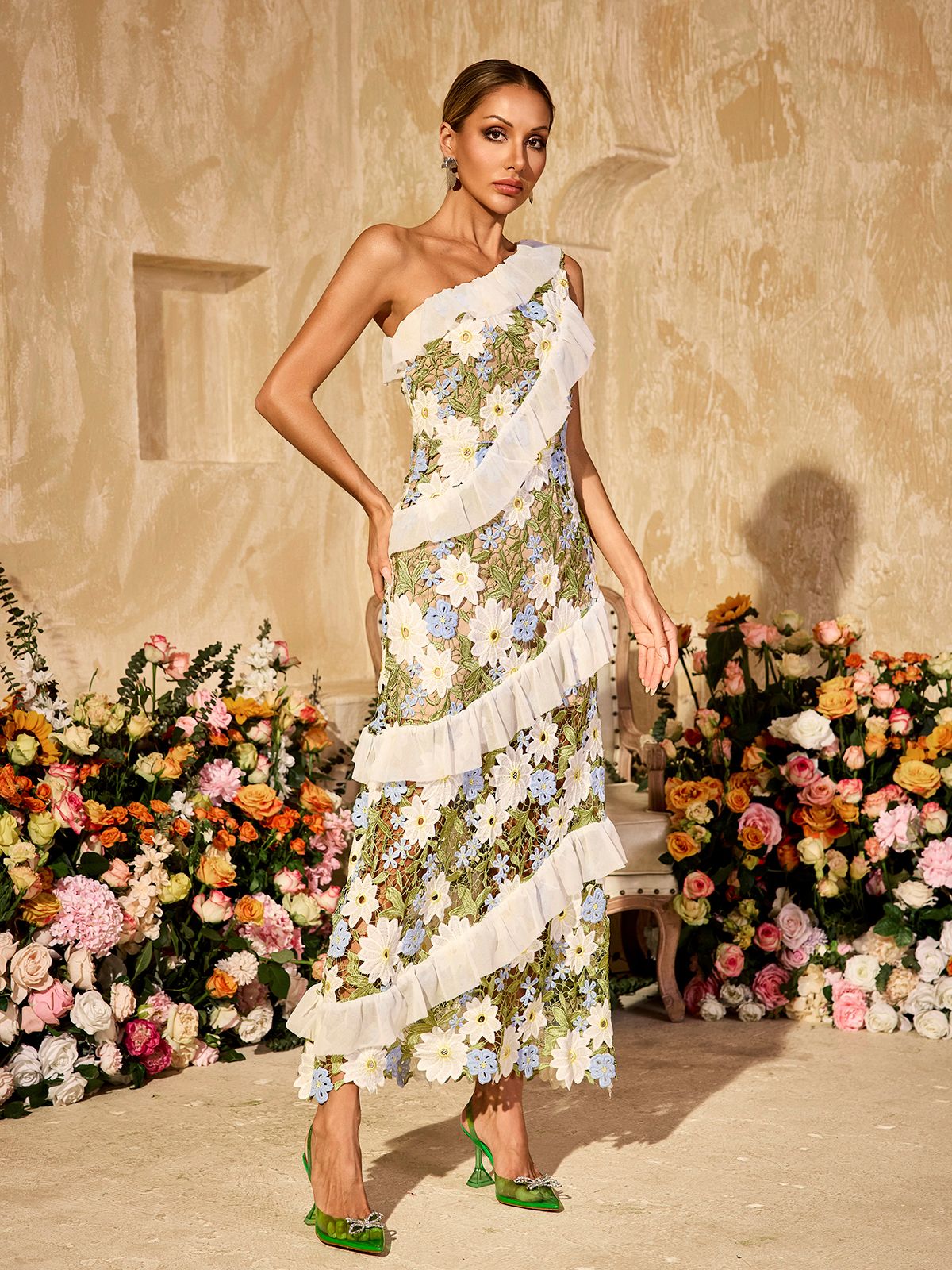 Aliona One Shoulder Flower Embroidered Maxi Dress