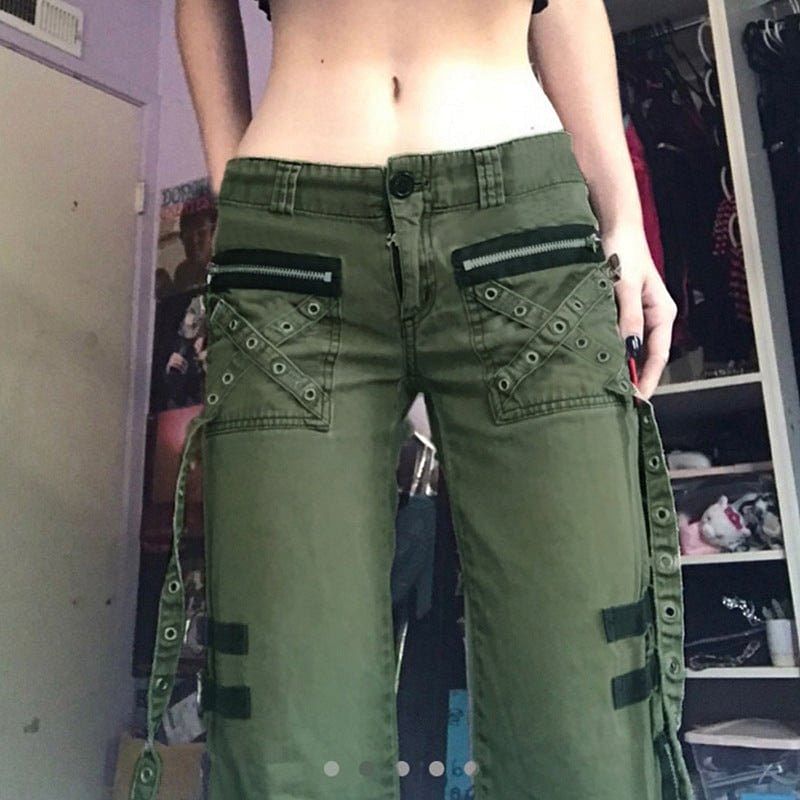 Army Green Cargo Pants Women Gothic Punk Style Jeans Techwear Hip Hop Baggy Jogger Streetwear Trousers