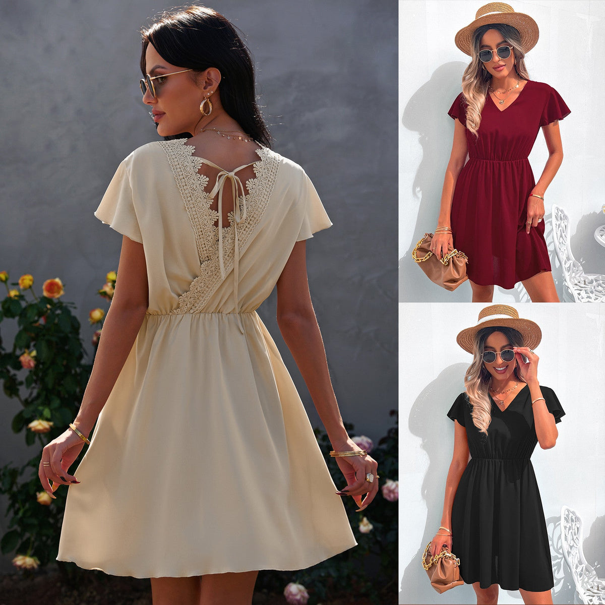 Fashion V Neck Lace Chiffon Backless Dress