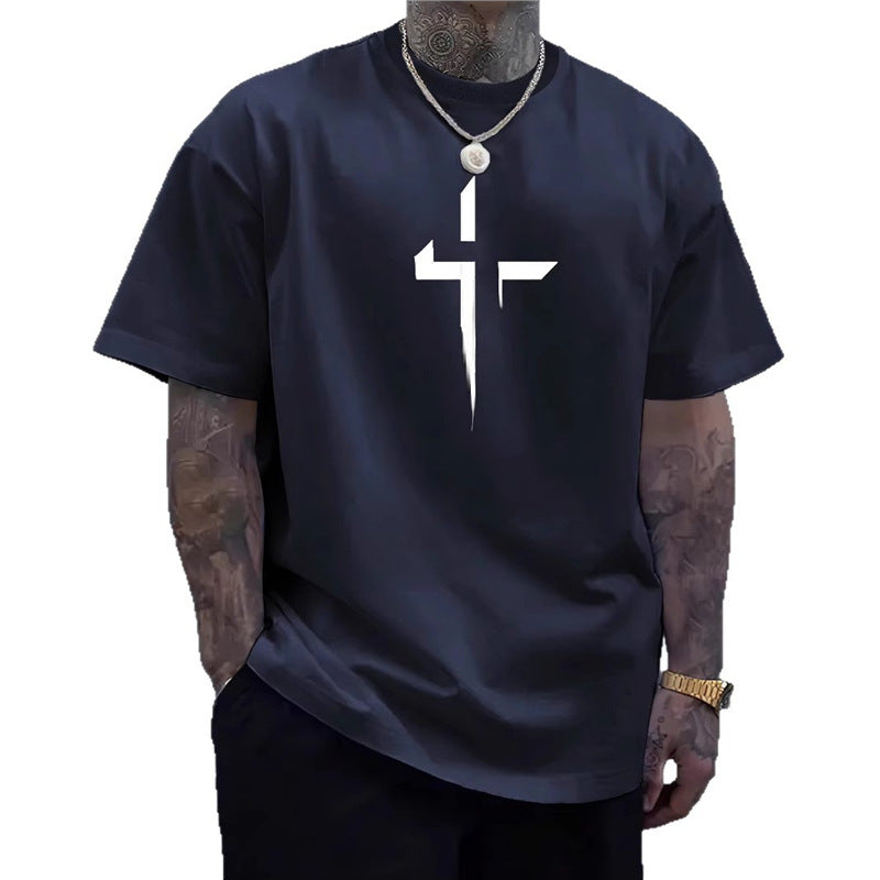 Street-style Mens Casual Loose-fit Cross-print Creative Sports Short-sleeve Top