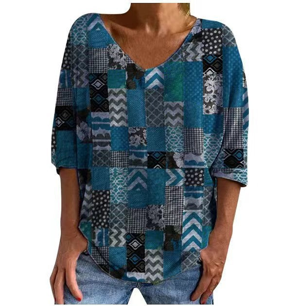 Womens Loose-fitting Geometric-print V-neck Long-sleeve Top