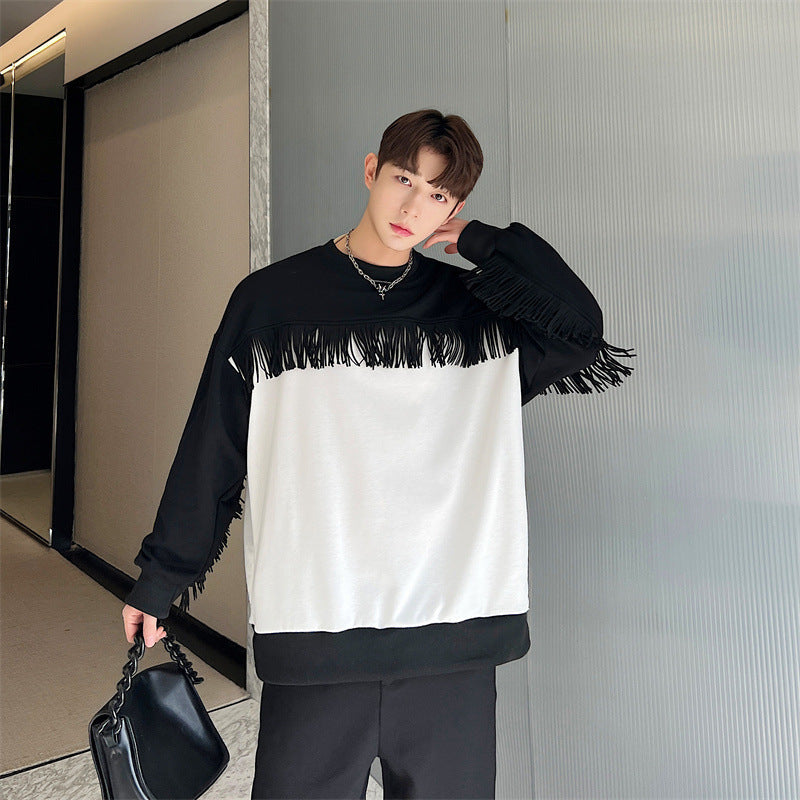 Black And White Contrast Round Neck Pullover