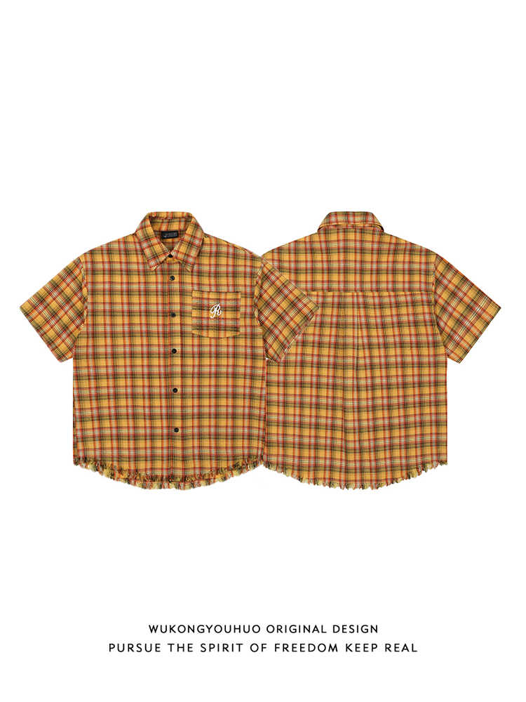 American Embroidery Pocket Yellow Short Sleeve Plaid Shirt Men And Women