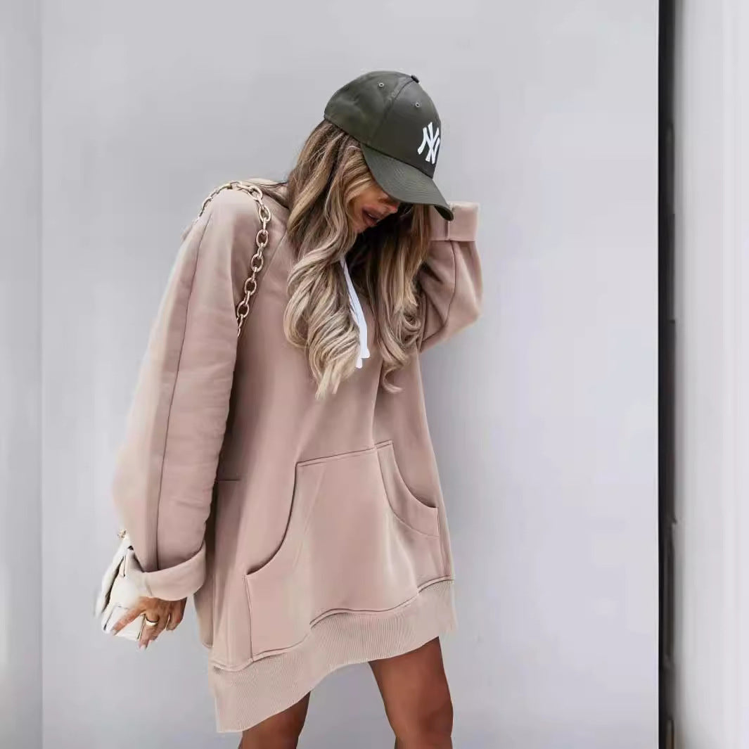 Women's Hooded Sweatshirt With Pockets Fashion Casual Split Mid-length Sweater Drawstring Tops