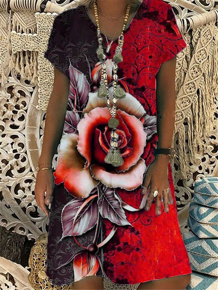 Summer New Floral Print Short-Sleeved V-Neck Dress Women