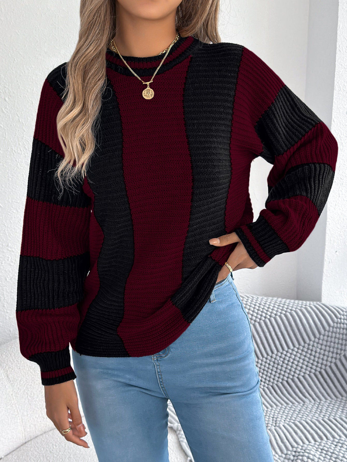 Women Casual Color Block Stripe Lantern Sleeve Pullover Sweater