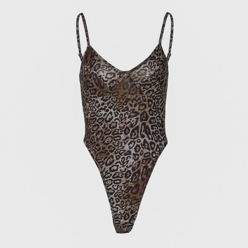 Women's Summer Leopard Print V-neck Sling Backless Bodysuit