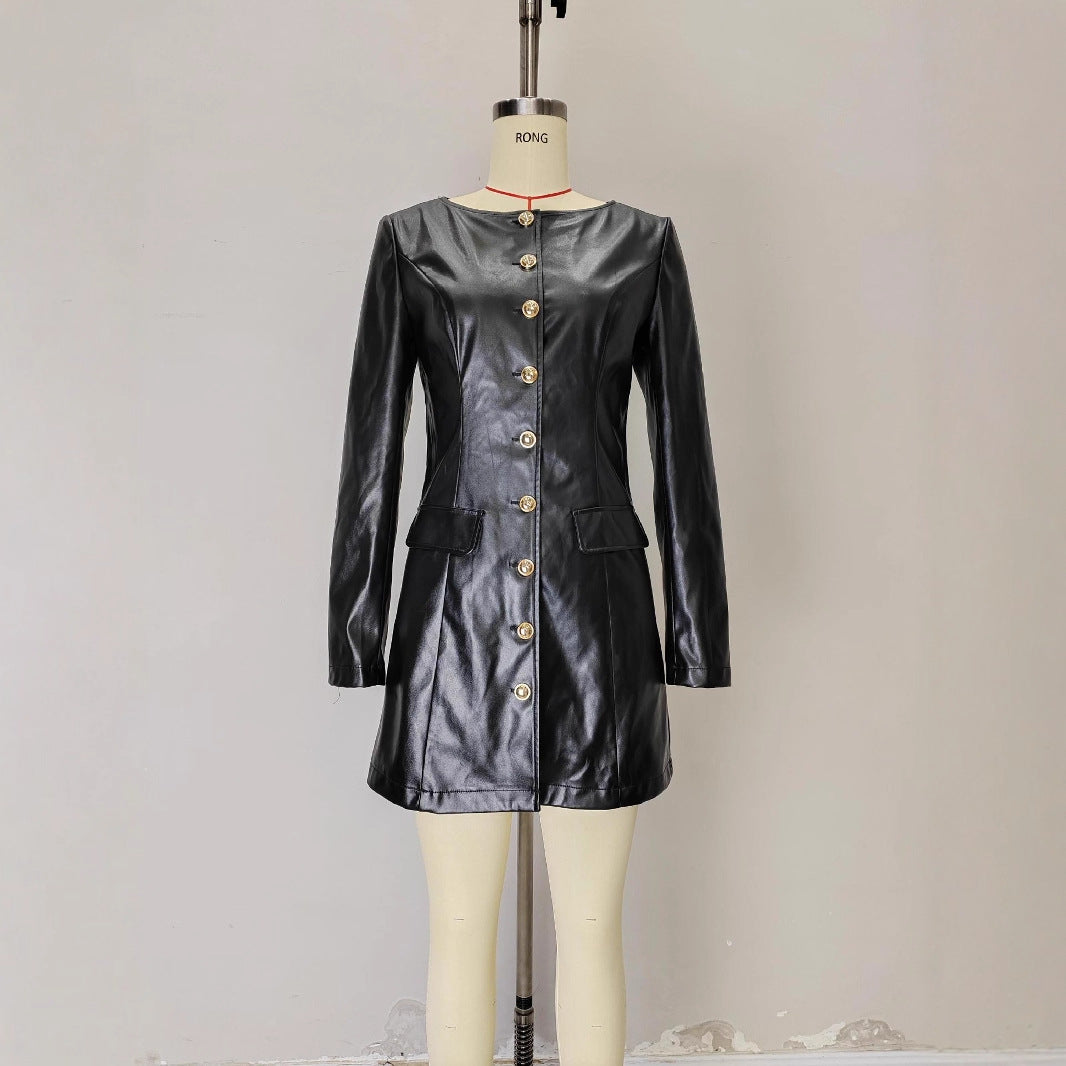 Elegant Fashionable Round Neck Long Sleeve Metal Button Waist Leather Coat