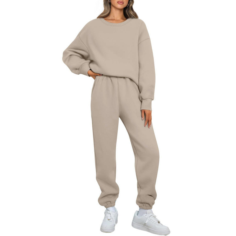Winter Solid-color Fashionable Crew-neck Pullover With Fleece Lining