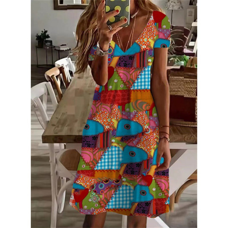 Summer V-neck Short Sleeve Women Dress