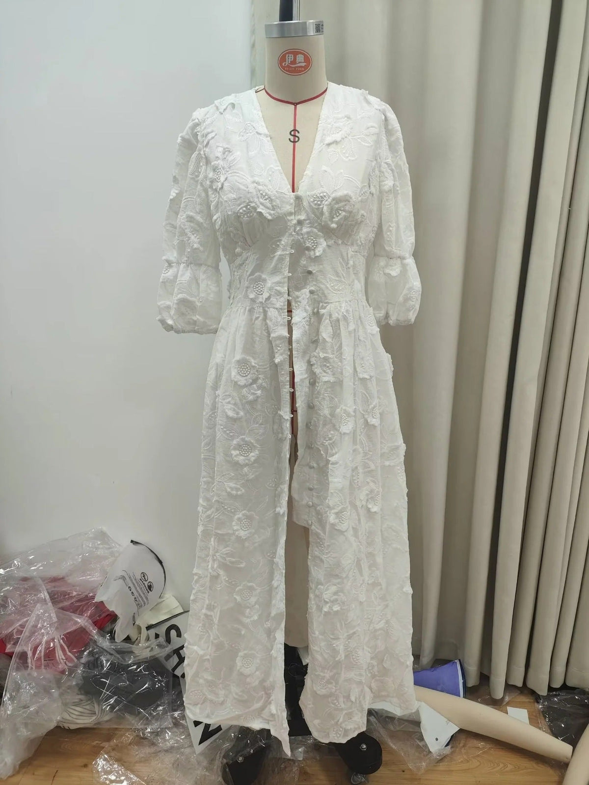 V-neck Puff Sleeve Dress White Embroidered Women