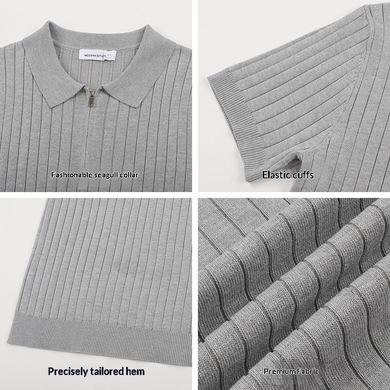 Old-money-style Lapel Zip-up Short-sleeve T-shirt Knit Sweater