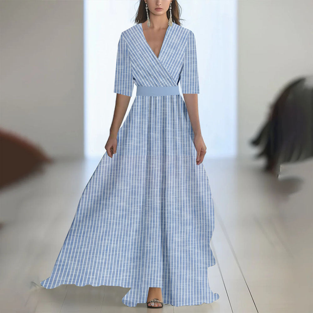 Printed Long Sleeved V-neck Patchwork Dress