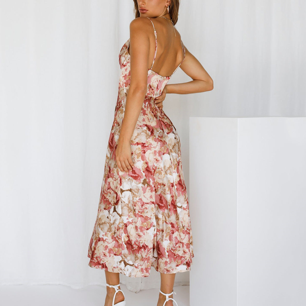 Printed V-Neck Backless Sling Dress