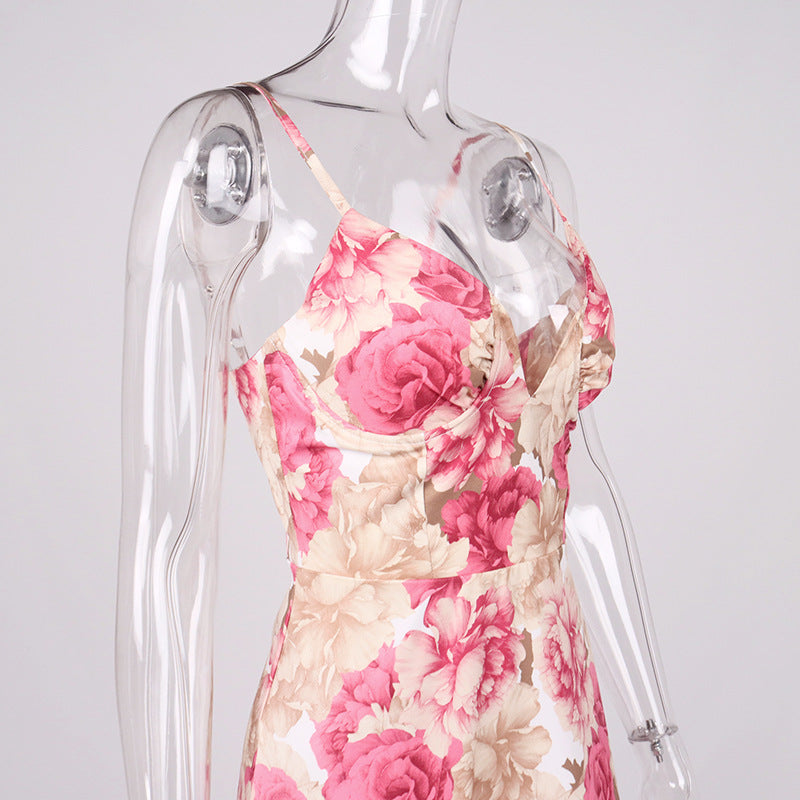 Printed V-Neck Backless Sling Dress