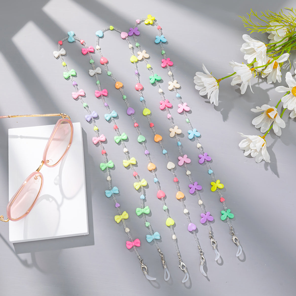 Candy-colored Acrylic Pearl Eye Pendant Chain, Butterfly Five-pointed Star Heart Neck Pendant Glasses Chain