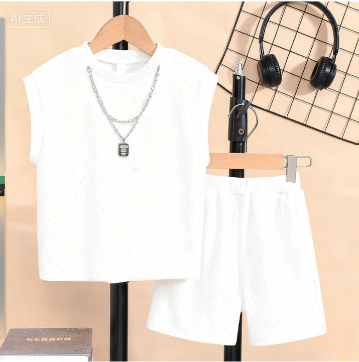 Summer Trendy Sleeveless Vest Boys' Outfit With Starry Sky And Sparkling Rhinestones