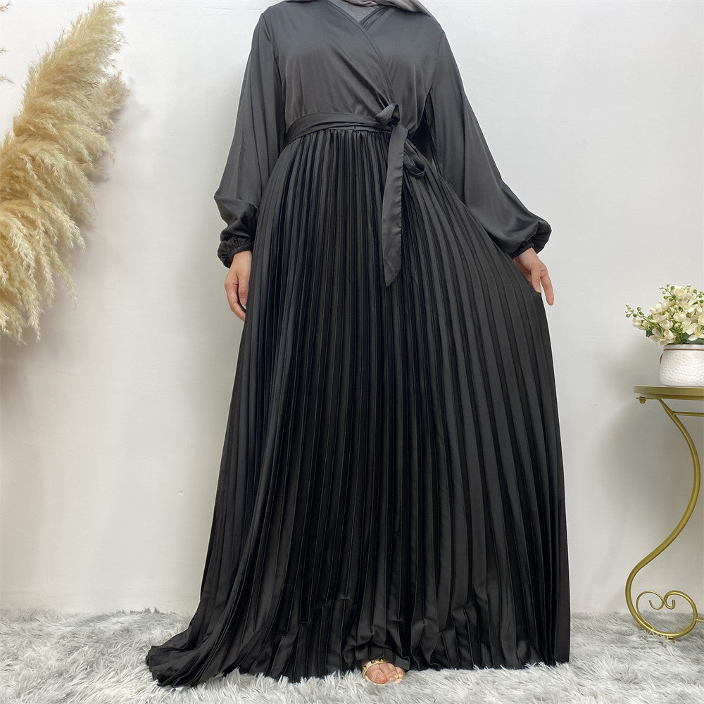 Fashionable V-neck Patchwork Pleated Large Hem Dress