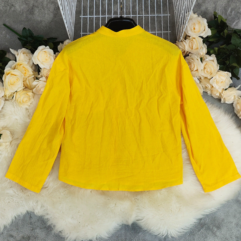 New Solid-color Casual Loose-fitting Long-sleeve Versatile Cardigan Cotton-linen Top