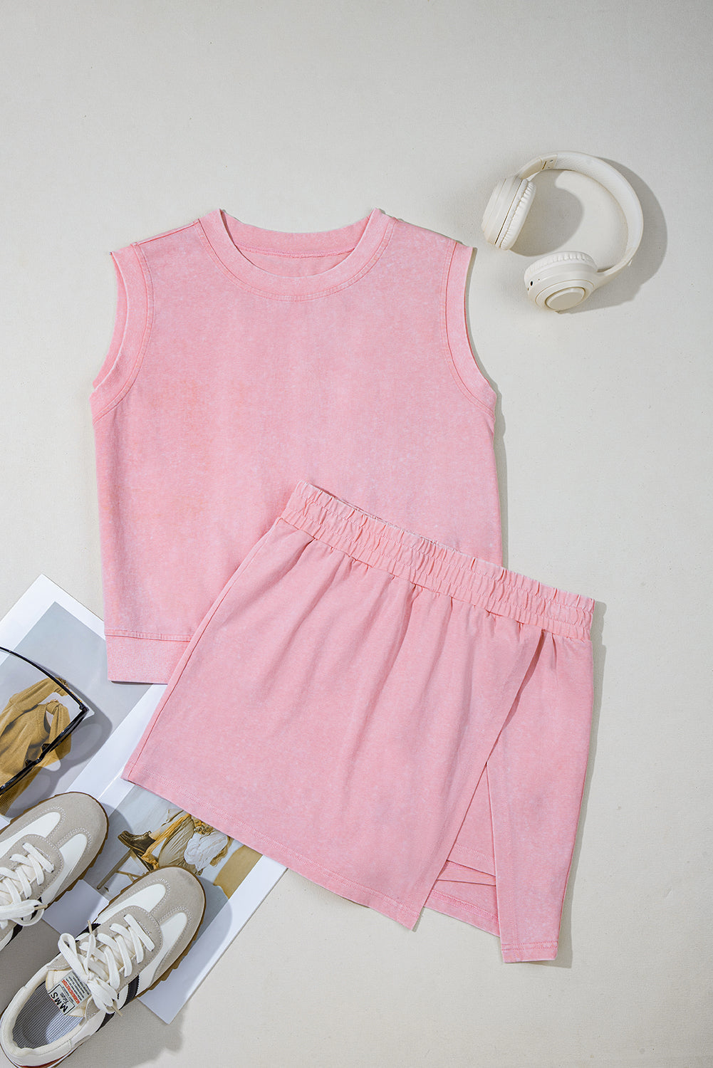 Light Pink 2 Pieces Mineral Wash Cotton Tank Top Lined Split Skirt Set