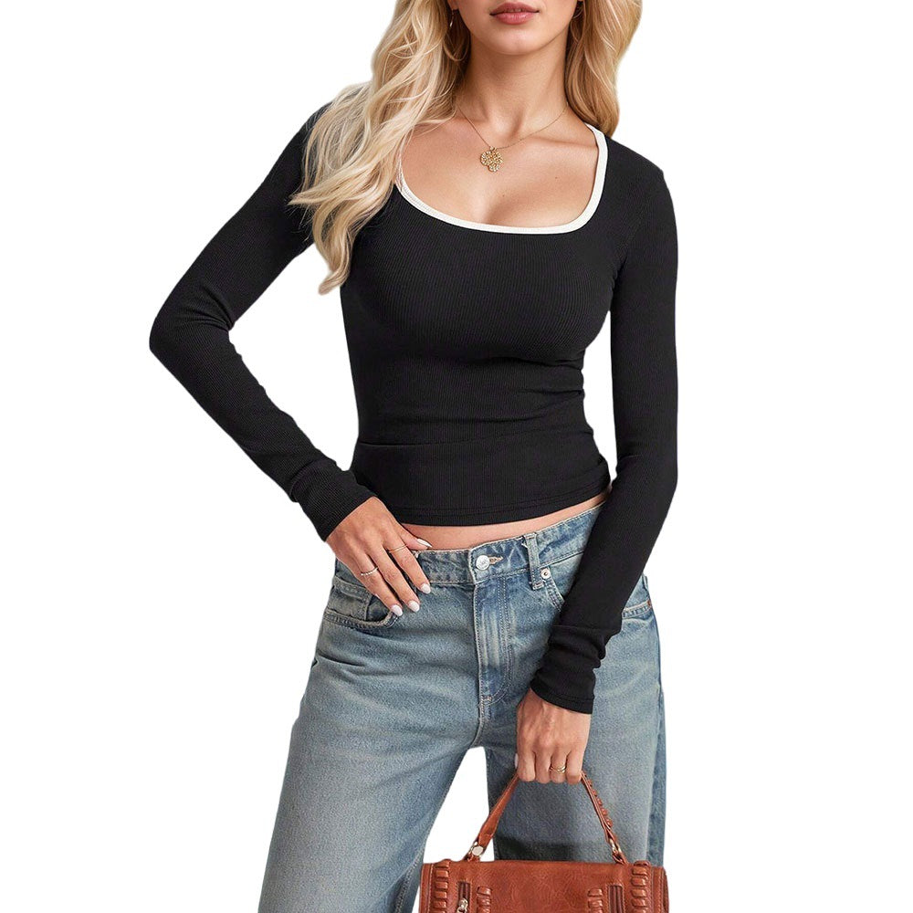 Threaded Figure-hugging  Casual Bestseller Long-sleeve Color-block T-shirt With A U-neck
