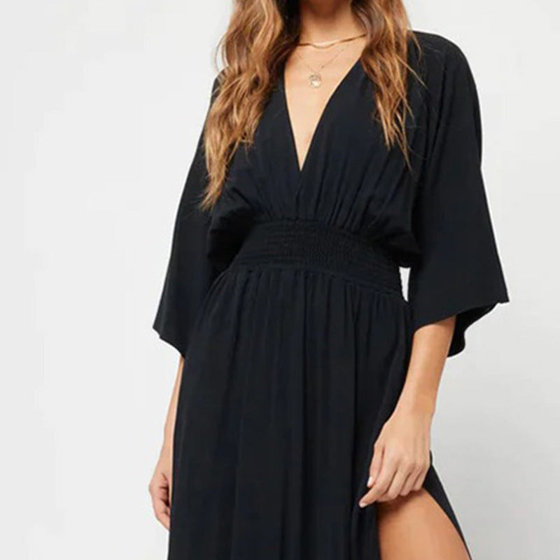 V-neck Low-cut Backless 34 Sleeve Dress