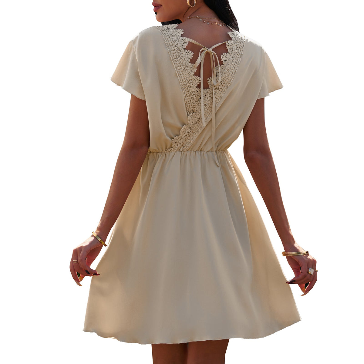 Fashion V Neck Lace Chiffon Backless Dress