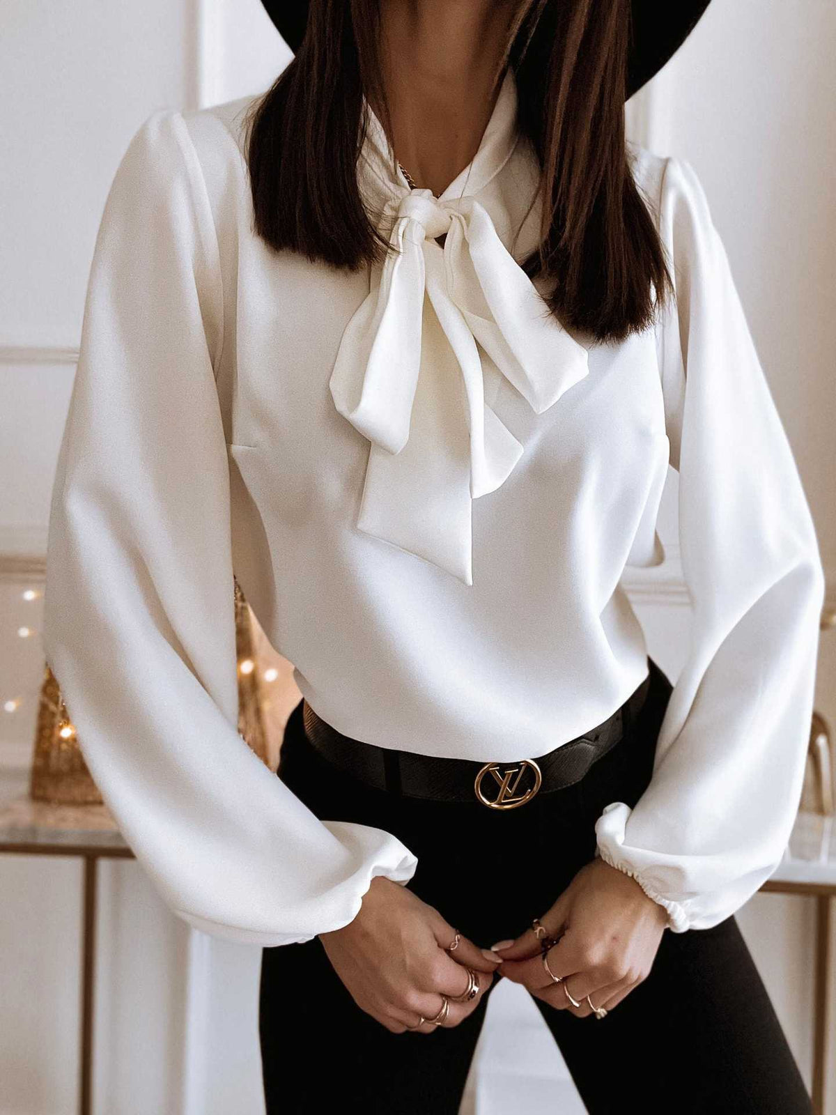 Bowknot Long Sleeve Shirt Collared Women's  Solid Color Professional Business Blouse For Work Office Wear