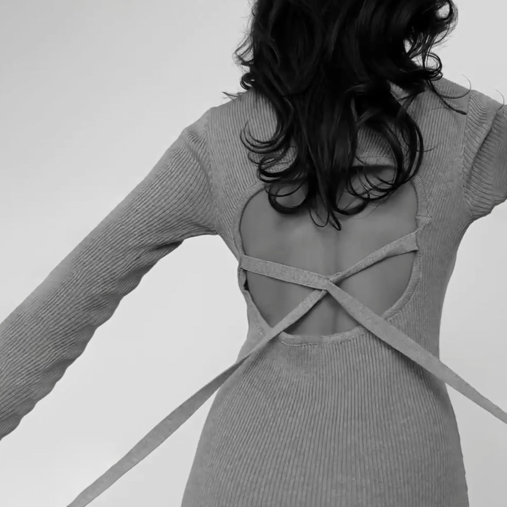 Round Neck Backless Design Sense Tied Dress Tight