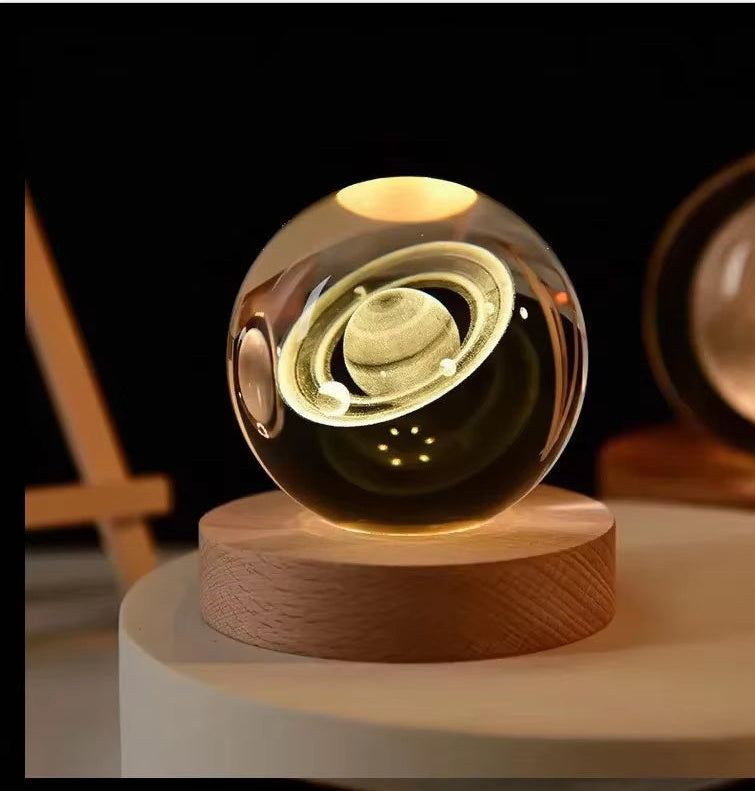 3D Crystal Ball Night Light - USB Powered Projection Lamp with Wooden Base | Moon, Ferris Wheel & Forest Designs