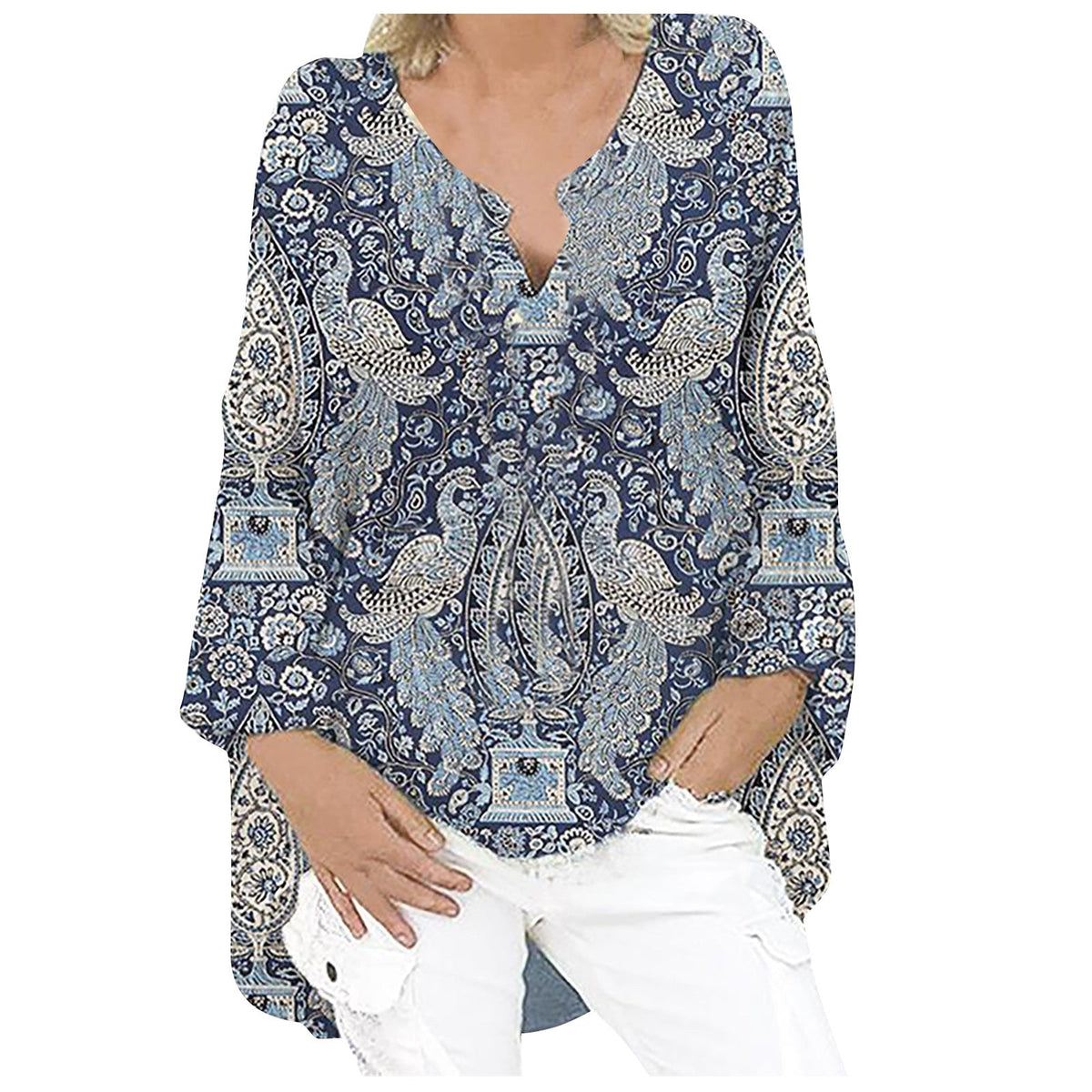 Printed Patchwork V-neck Long Sleeve Plus Size Dress