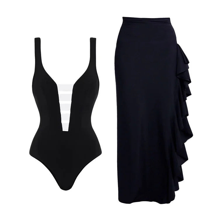 V-neck Black And White Stitching Simple One-piece Swimsuit Suit Women